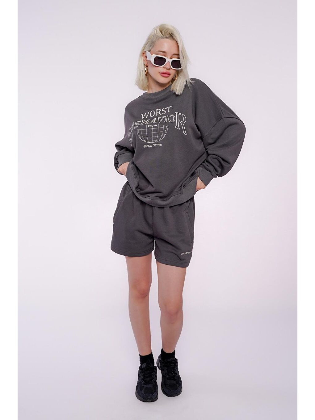 Gri Madmext Füme Kadın Şort Takımı Mg1170