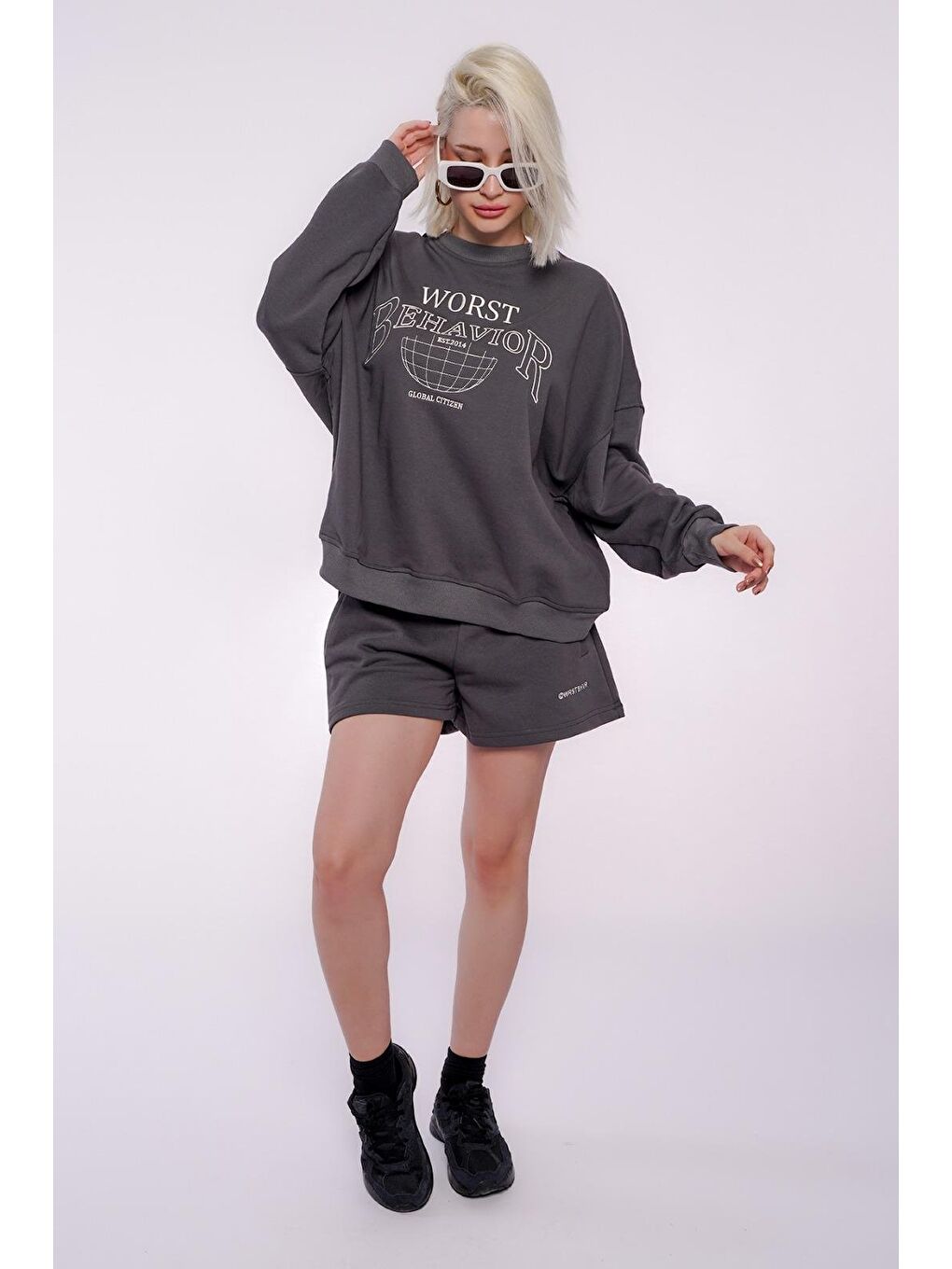 Gri Madmext Füme Kadın Şort Takımı Mg1170-1