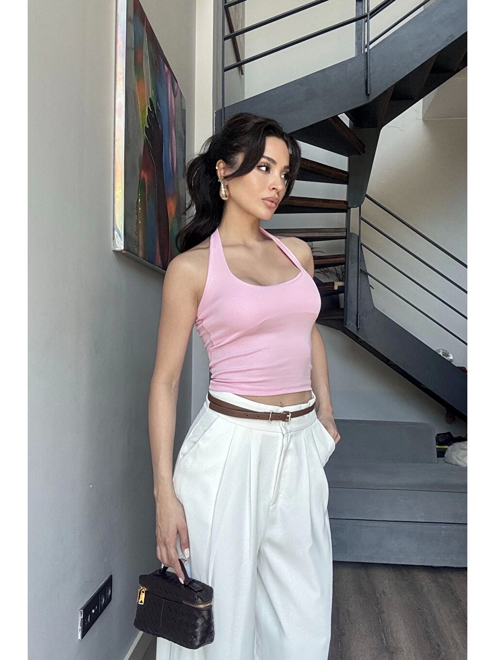 Kadın Pembe Halter Yaka Crop 0171-1