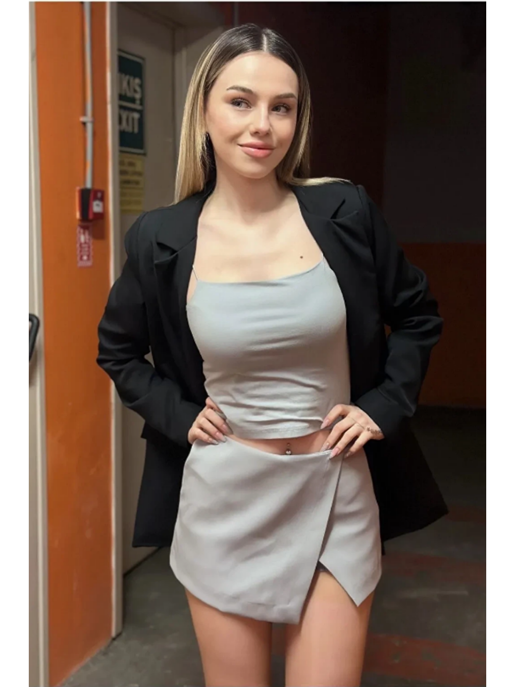 Kadın Gri Yüksek Bel Asimetrik Şort Etek-2