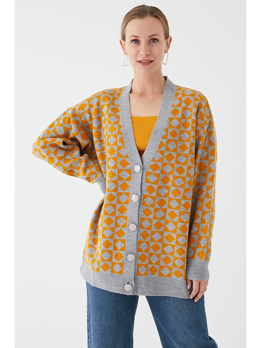 Sarı Geometrik Desenli Oversize Triko Hırka