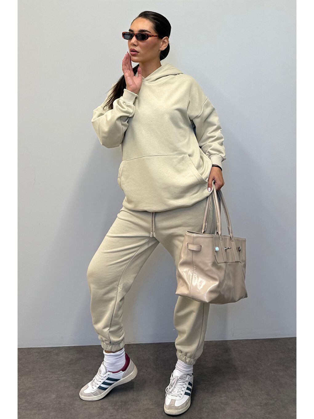 Bej Kapüşonlu Kadın Eşofman Takımı Mg1225-3