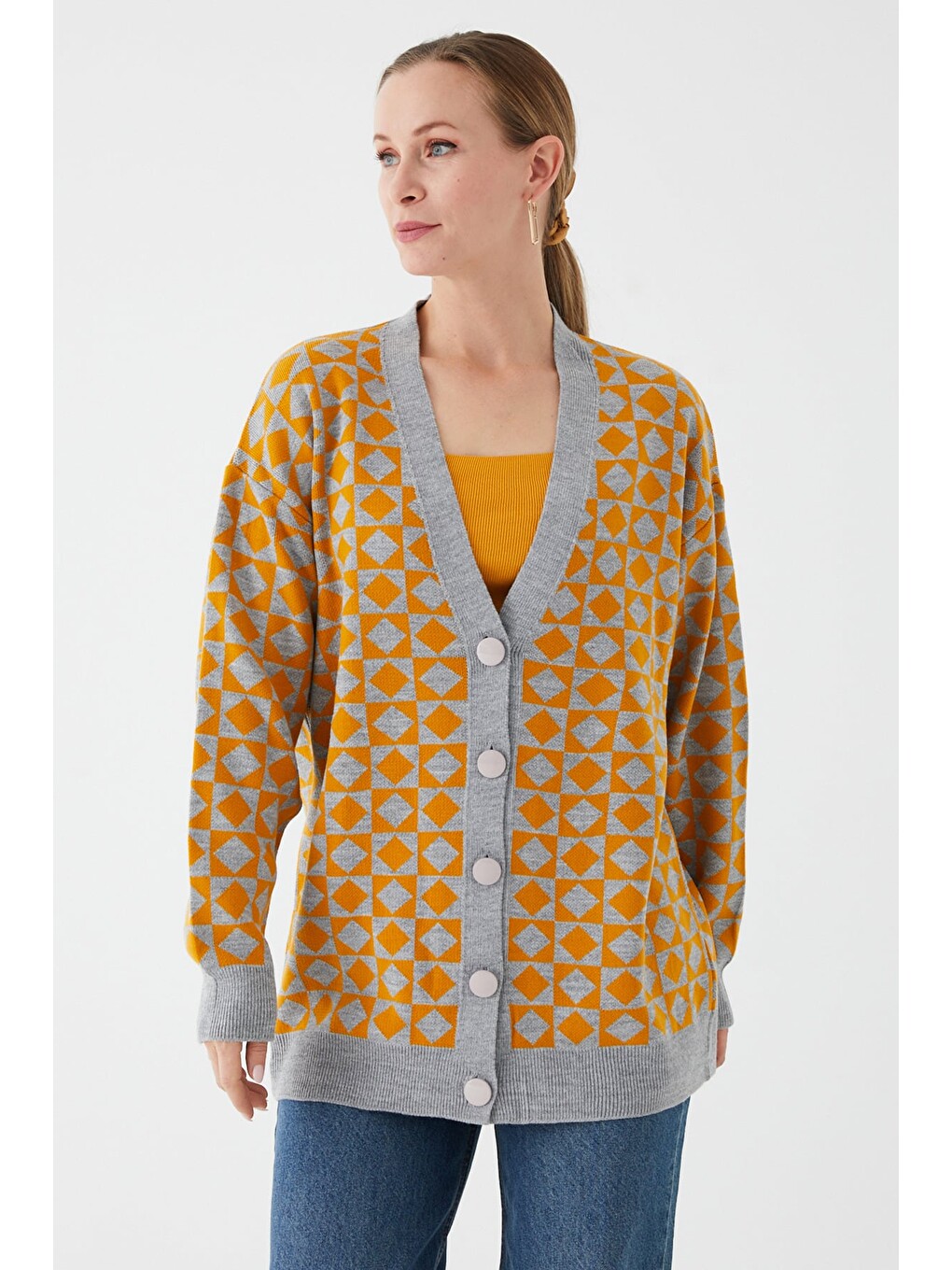 Sarı Geometrik Desenli Oversize Triko Hırka-1