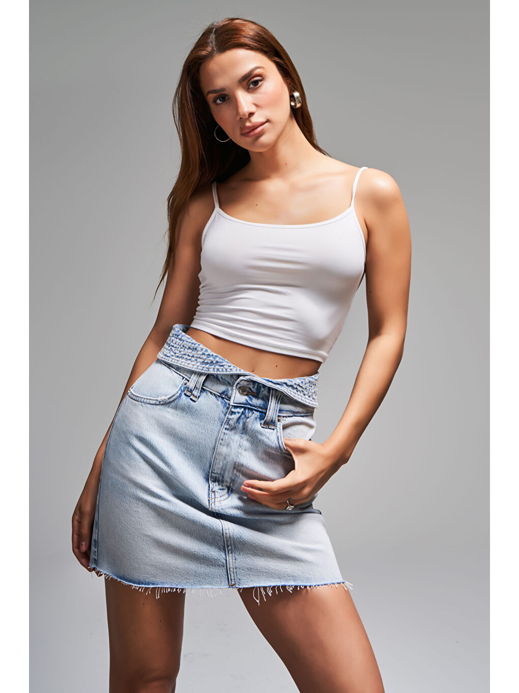 Mavi Kadın Ice Jean Rengi 4s5 32 Mini Boy 42cm Kemer Detaylı  100 Pamuk Tasarım Denim Etek-1