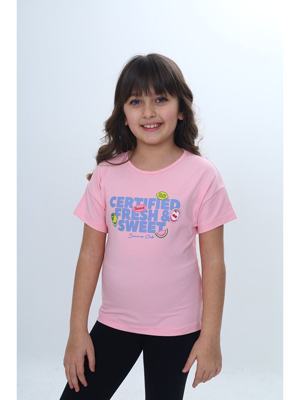 Pembe Kız Çocuk Bisiklet Yaka Düşük Omuz Kısa Kollu Baskılı Tişört 24976