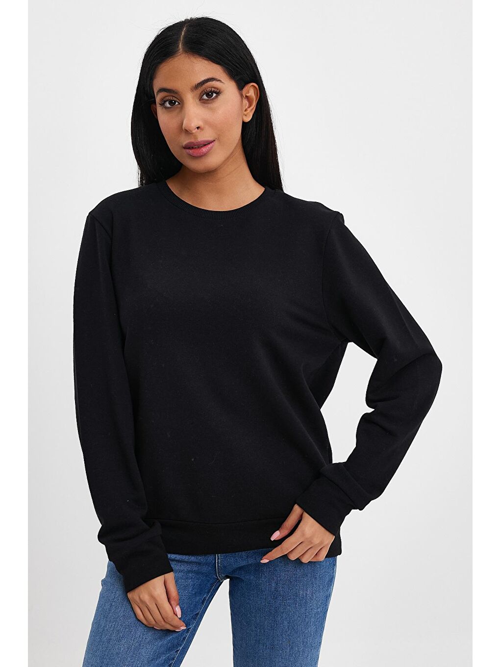 Süperlife Siyah Kadın Bisiklet Yaka Rahat Kalıp 3 iplik Kalın Sweatshirt SPR24SW-36 - 4