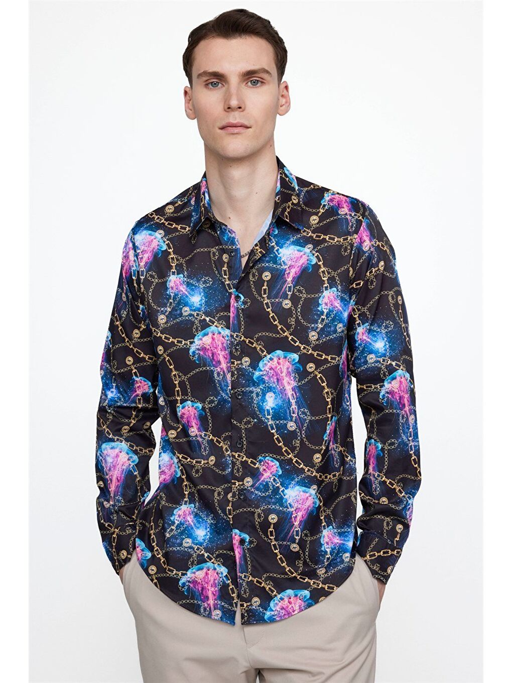 Karışık Slim Fit Uzun Kollu Dar Kesim Elastanlı Baskılı Erkek Gömlek