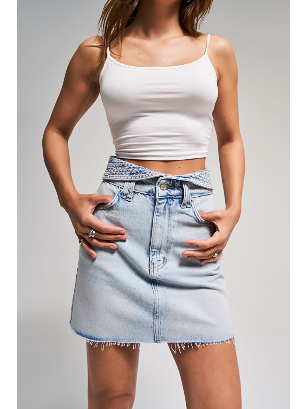 Mavi Kadın Ice Jean Rengi 4s5 32 Mini Boy 42cm Kemer Detaylı  100 Pamuk Tasarım Denim Etek-3