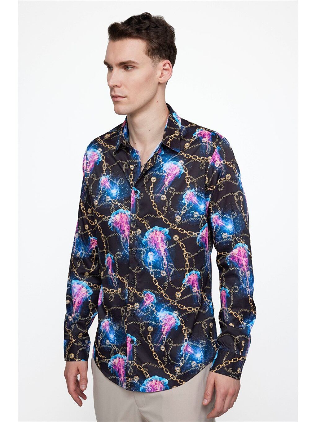 Karışık Slim Fit Uzun Kollu Dar Kesim Elastanlı Baskılı Erkek Gömlek-1