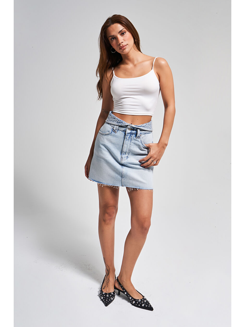 Mavi Kadın Ice Jean Rengi 4s5 32 Mini Boy 42cm Kemer Detaylı  100 Pamuk Tasarım Denim Etek-4