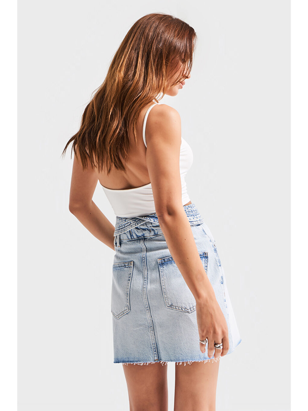 Mavi Kadın Ice Jean Rengi 4s5 32 Mini Boy 42cm Kemer Detaylı  100 Pamuk Tasarım Denim Etek-5