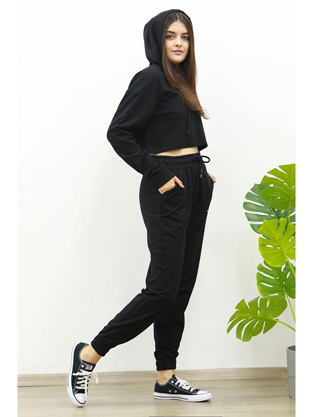 Siyah Kapüşonlu Kadın Eşofman Takımı Mg465-3-5
