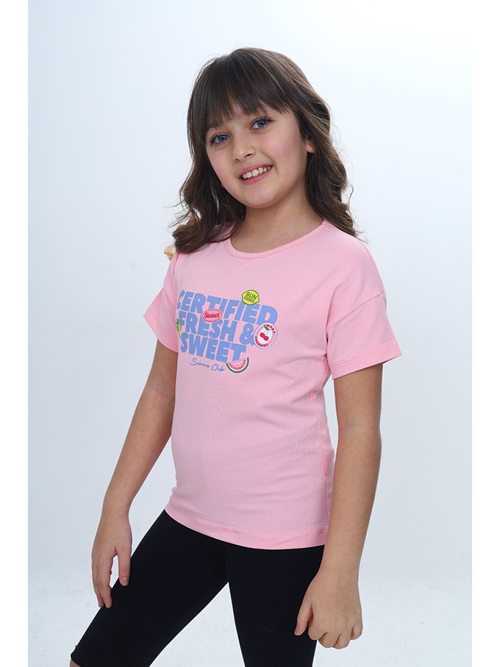 Pembe Kız Çocuk Bisiklet Yaka Düşük Omuz Kısa Kollu Baskılı Tişört 24976-1