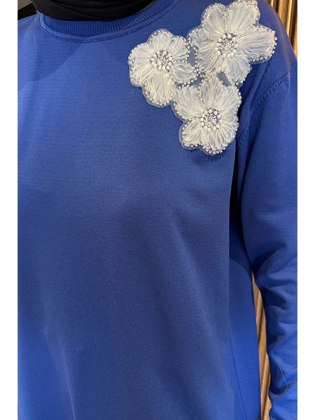 Mavi Bisiklet Yaka Çiçek Figürlü Tesettür Triko Tunik (s-m-l-xl Beden Uyumludur.)-5