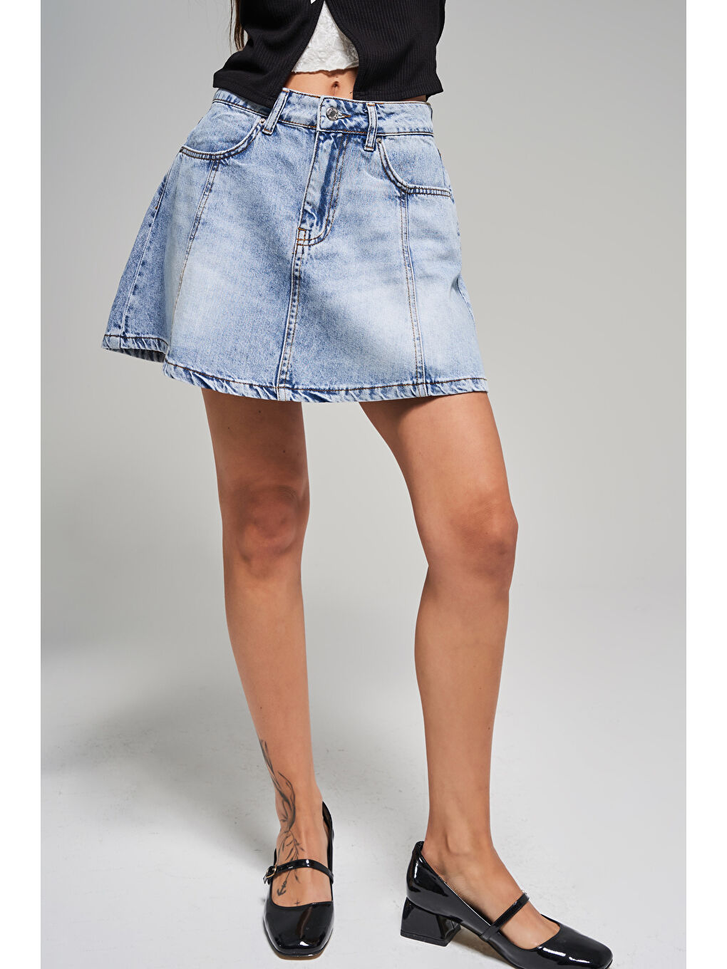 Mavi Kadın Jean Rengi 4s5-27 Mini Boy A Kesim %100 Pamuk Denim Etek-1