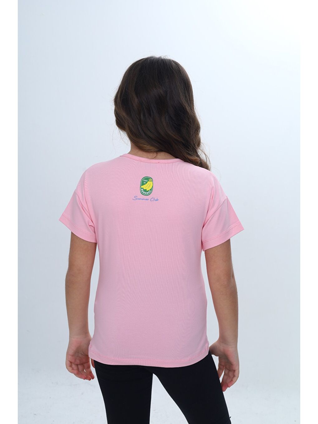 Pembe Kız Çocuk Bisiklet Yaka Düşük Omuz Kısa Kollu Baskılı Tişört 24976-2