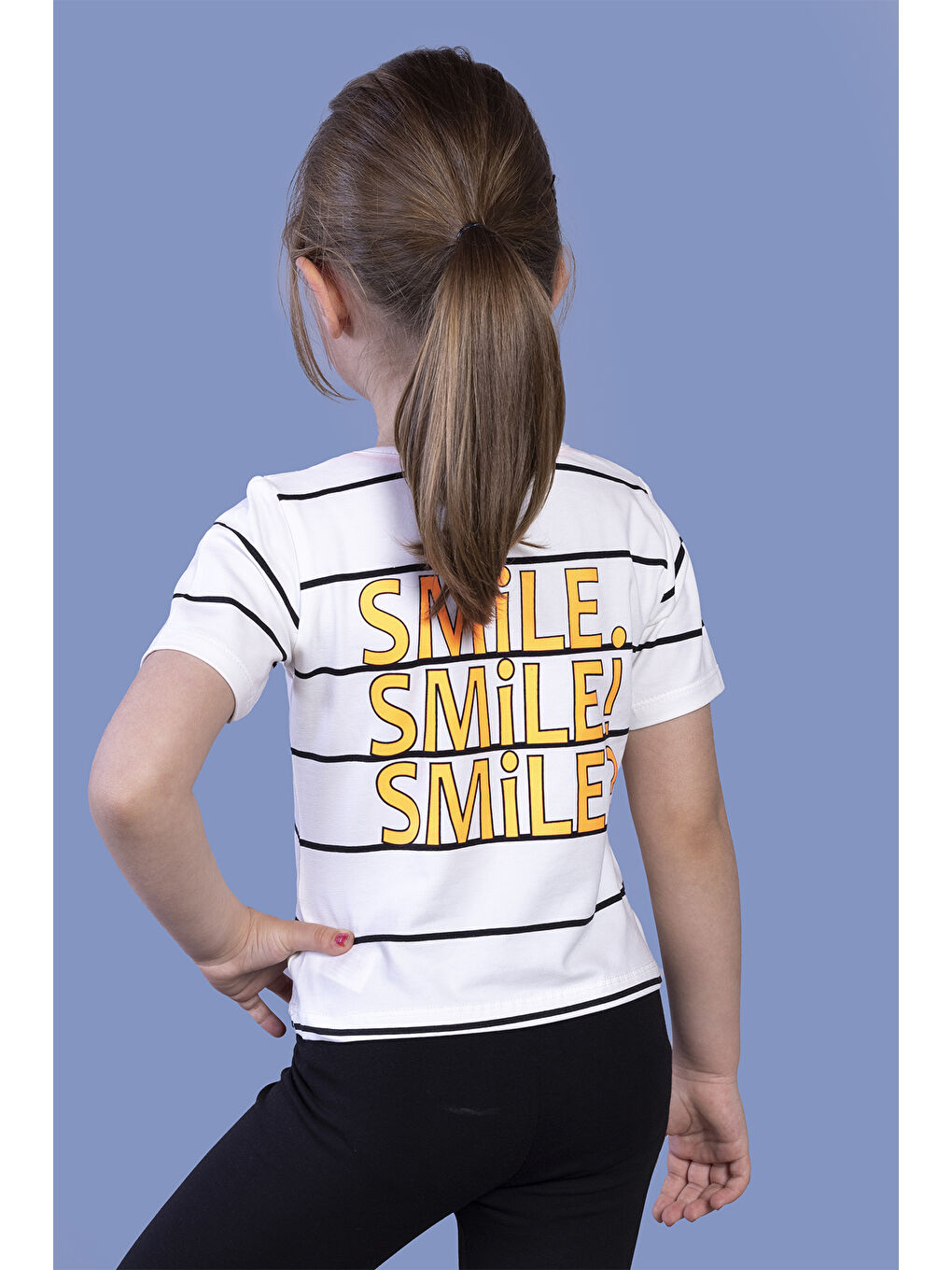 Ekru Kız Çocuk Çizgli Kalp Baskılı Taş İşlemeli Tişört-1