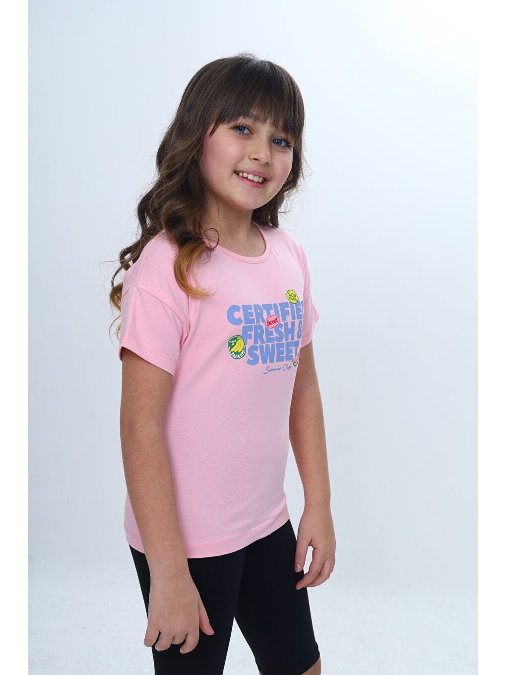 Pembe Kız Çocuk Bisiklet Yaka Düşük Omuz Kısa Kollu Baskılı Tişört 24976-4