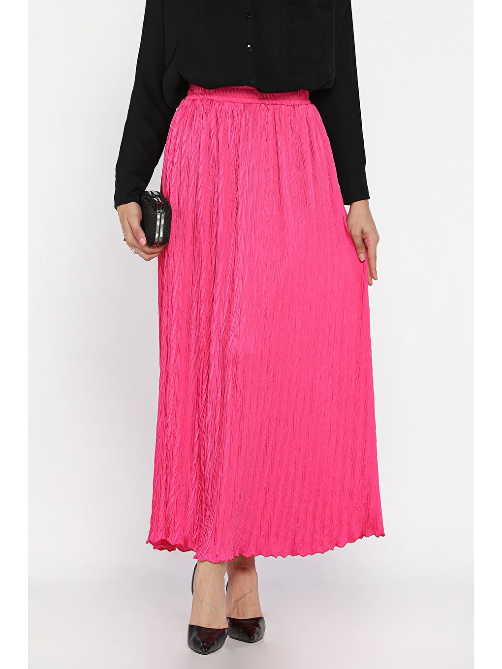 Fuşya Bel Lastikli Kendinden Desenli Tesettür Etek(s,m,l,xl Uyumludur)-1