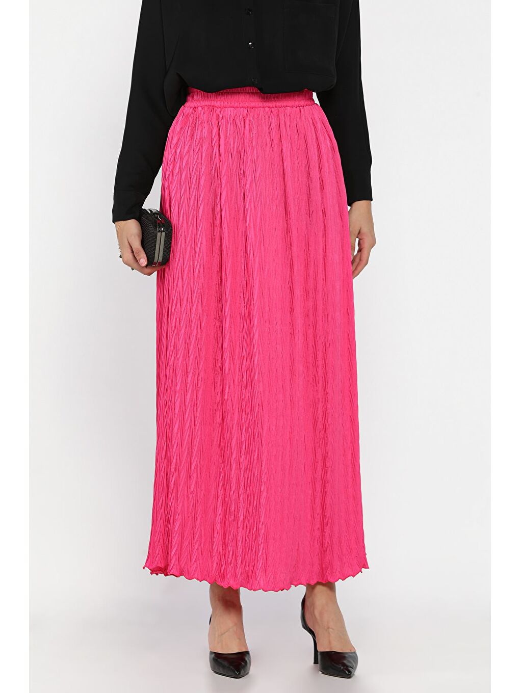 Fuşya Bel Lastikli Kendinden Desenli Tesettür Etek(s,m,l,xl Uyumludur)-3