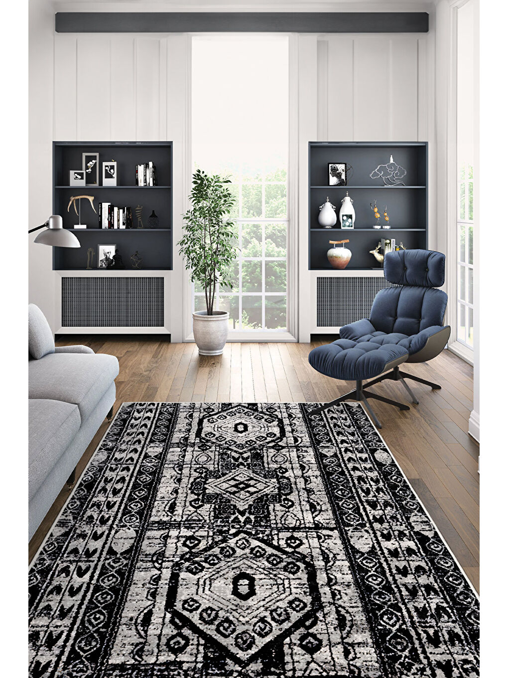 Siyah Dekoratif Özel Tasarım Yıkanabilir İnce Kaymaz Tabanlı Modern Halı KECE FR29-2