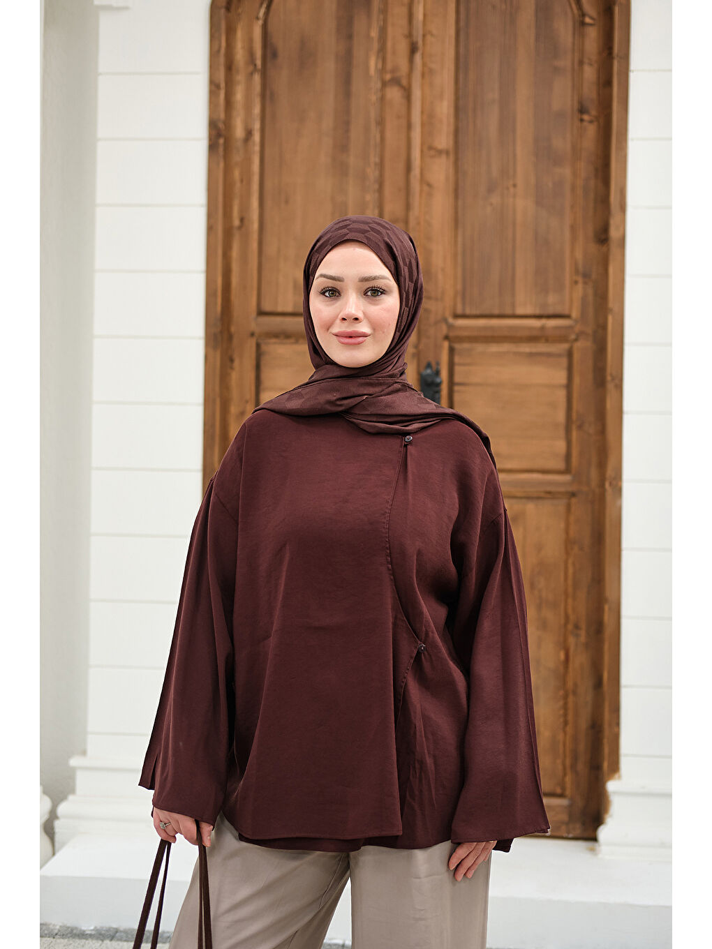 Kadın Yandan Düğmeli İçten Bağlama Detay Gömlek Mürdüm