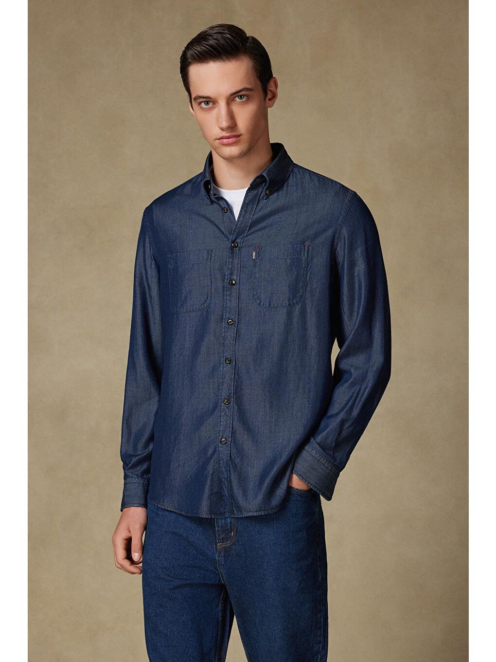 Gino Denim Lyocell (Lyocell) Comfort Fit Lacivert Düğmeli Yaka Erkek Düz Gömlek