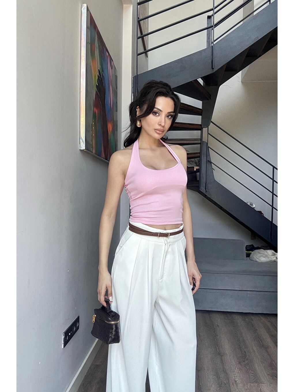 Kadın Pembe Halter Yaka Crop 0171-3
