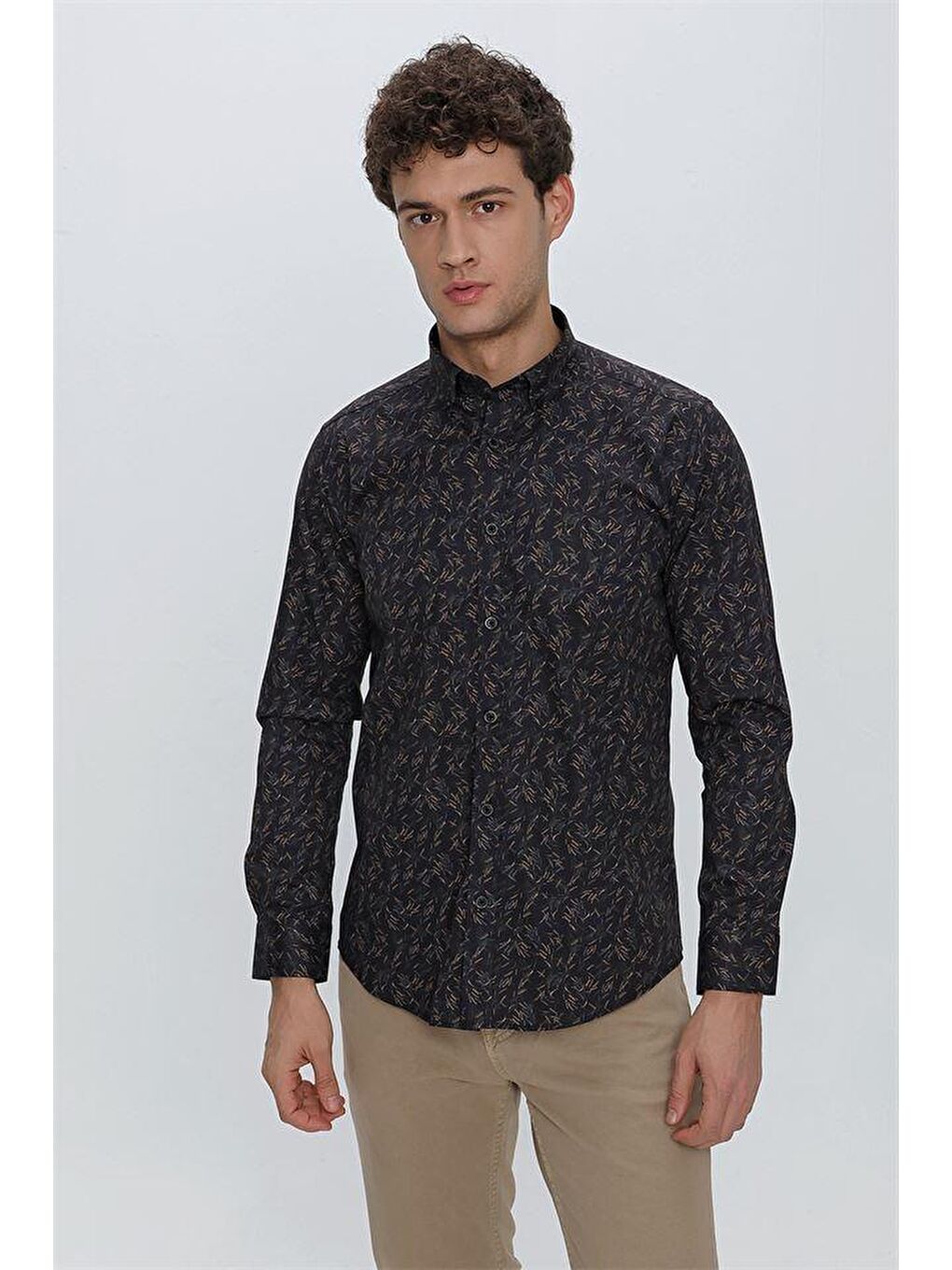 Koyu Lacivert Uzun Kol Klasik Slim Fit Pamuklu Elastanlı Gömlek 1004225245-3