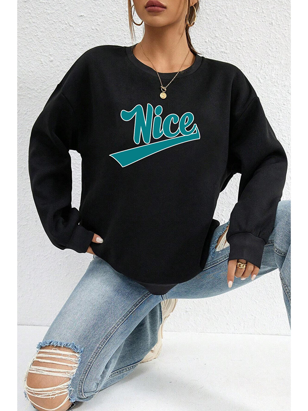 uyguntarz Siyah Unisex Nice Baskılı Bisiklet Yaka Sweatshirt