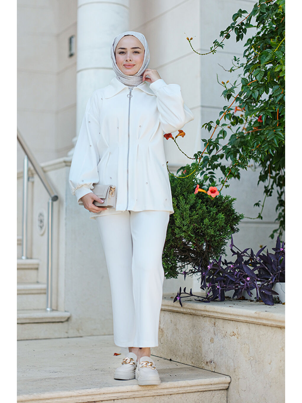 Taş Aksesuar Detay İkili Takım Beyaz-3