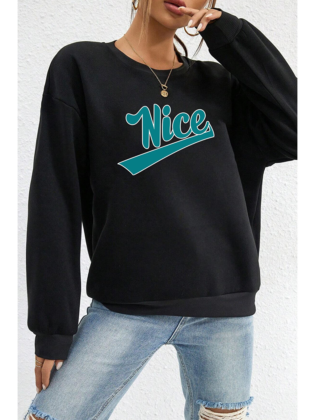 uyguntarz Siyah Unisex Nice Baskılı Bisiklet Yaka Sweatshirt - 1