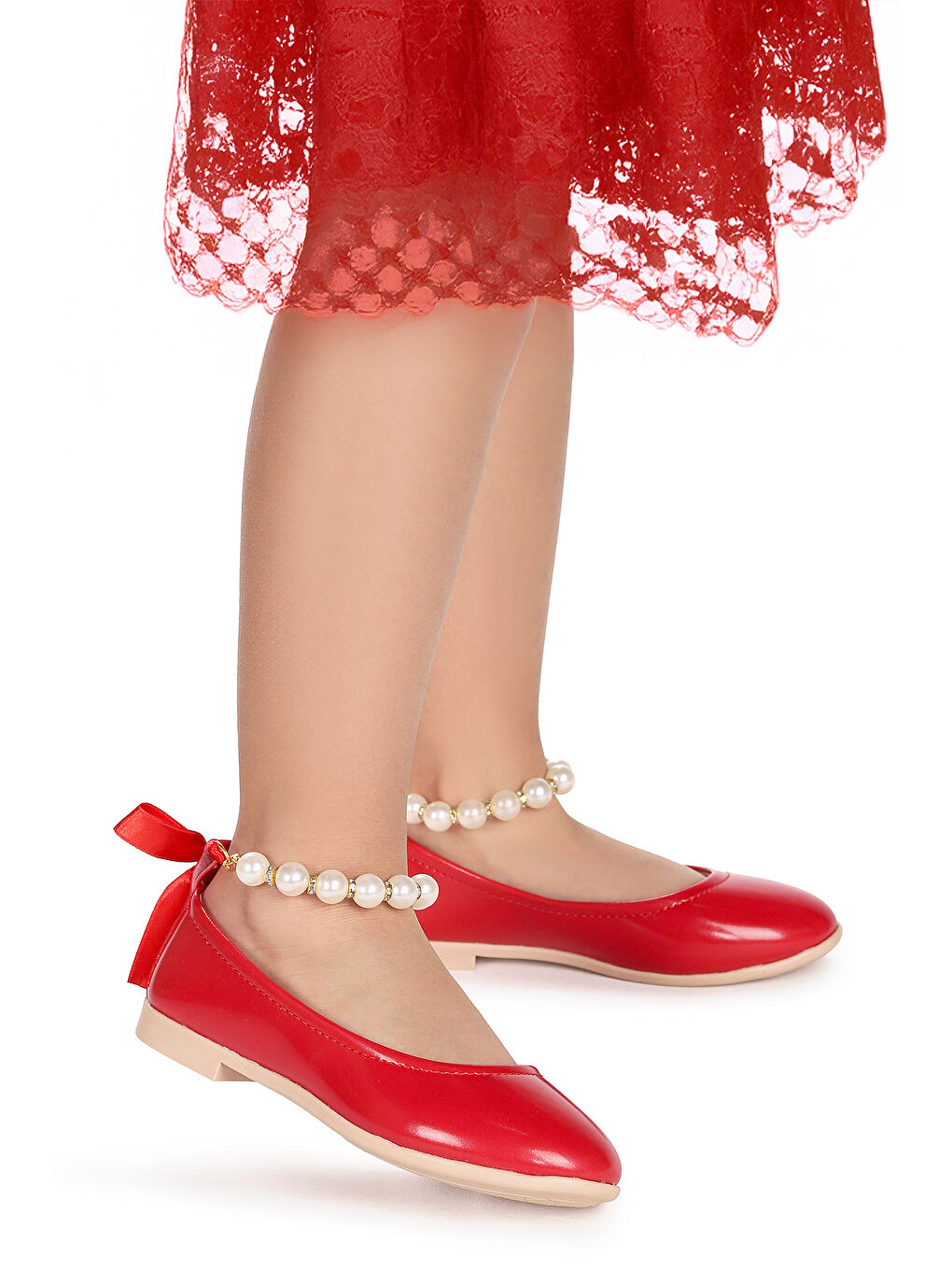 Kırmızı Blanch Rugan İncili Lastikli Kız Çocuk Babet Ayakkabı-2