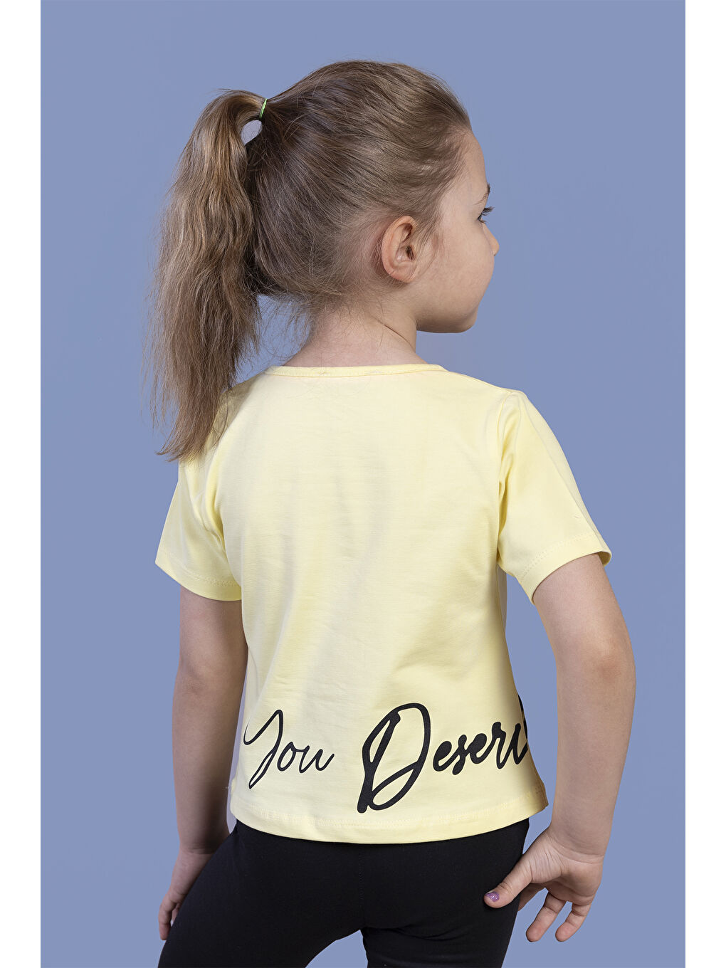 Sarı Kız Çocuk Kelebek Baskılı Taş İşlemeli Tişört-1