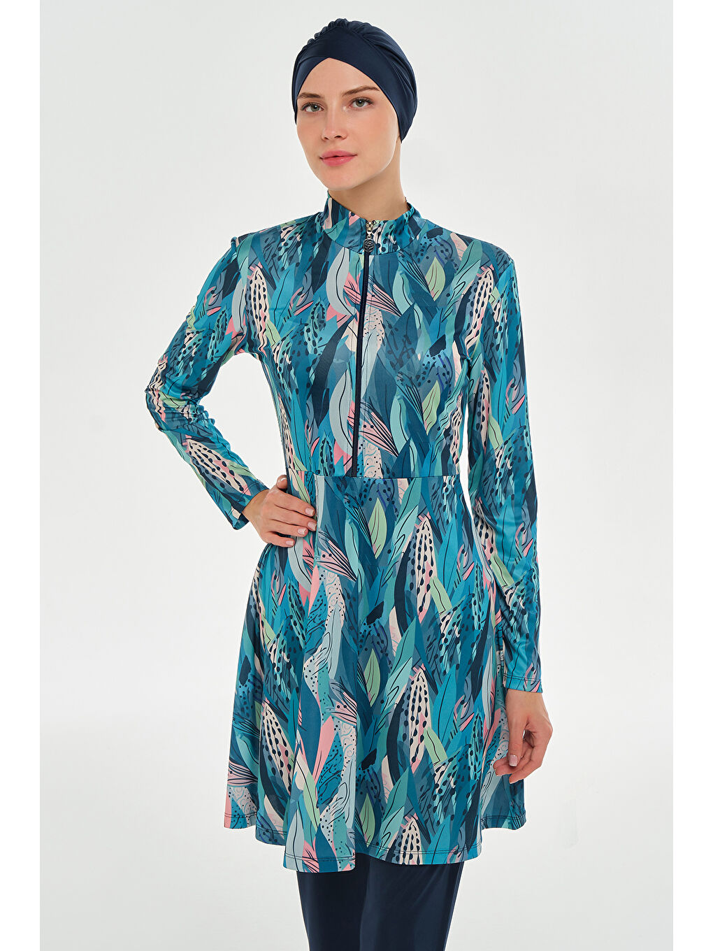 Yarım Fermuarlı Elastanlı Tam Kapalı Tesettür Mayo 3114 Koyu Lacivert-4