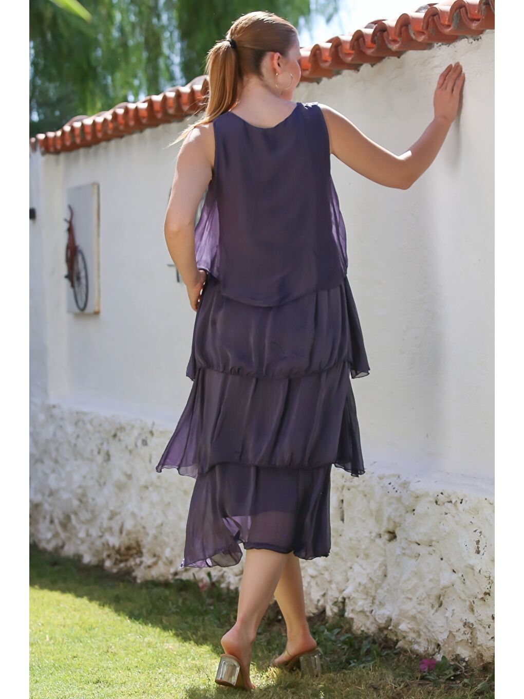 İtalyan Mor Havuz Yaka Kolsuz Astarlı Katlı Casual İpek Dokuma Elbise 125 55-1