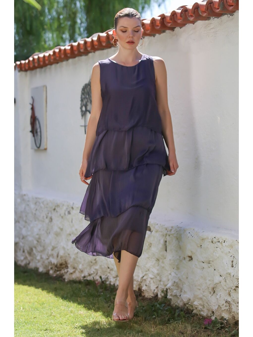 İtalyan Mor Havuz Yaka Kolsuz Astarlı Katlı Casual İpek Dokuma Elbise 125 55-3