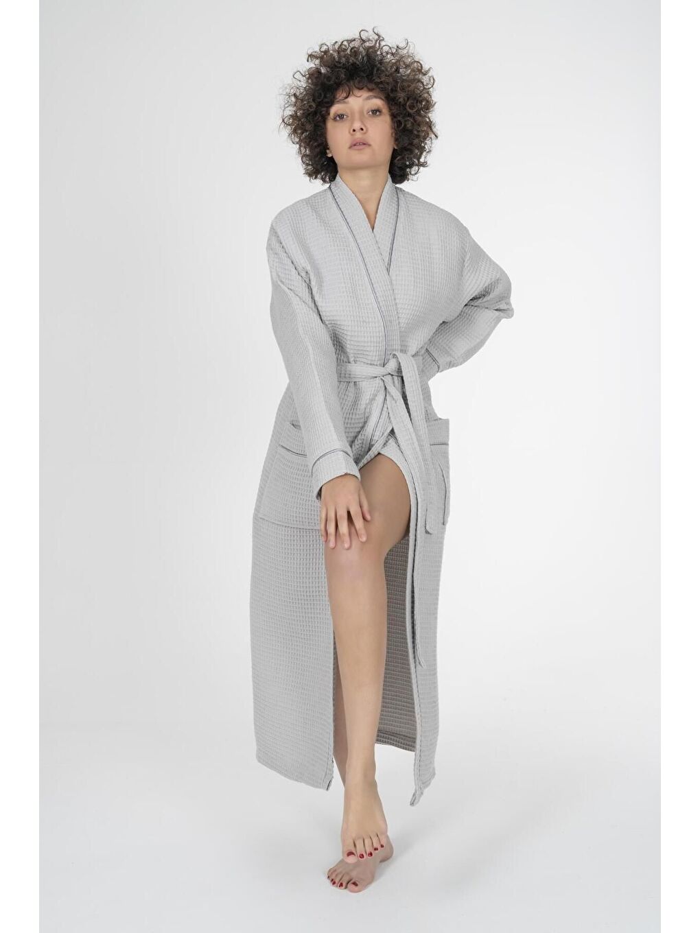 Gri Kaos Serisi Kimono Yaka Pike Bornoz Sabahlık