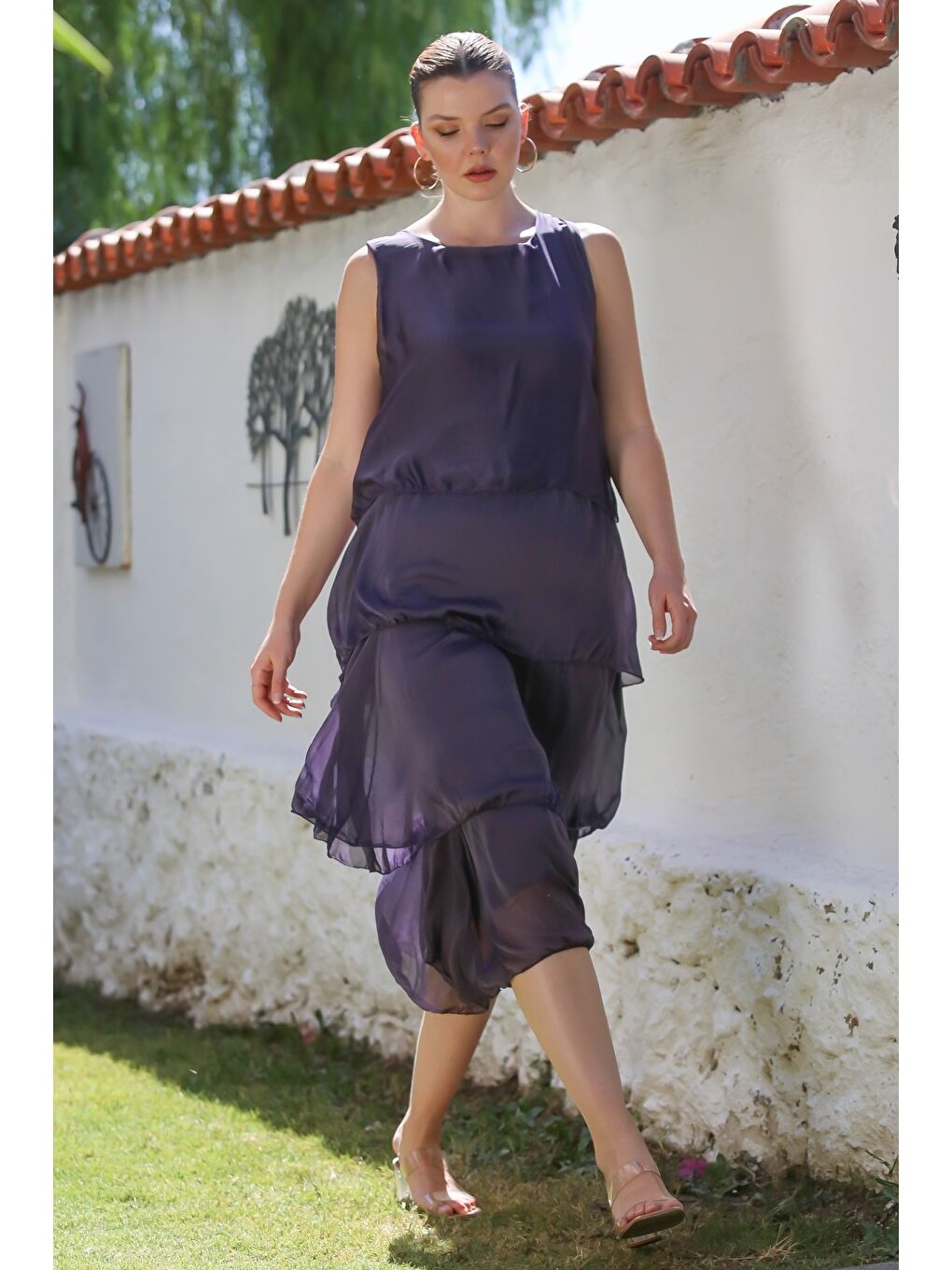 İtalyan Mor Havuz Yaka Kolsuz Astarlı Katlı Casual İpek Dokuma Elbise 125 55-4