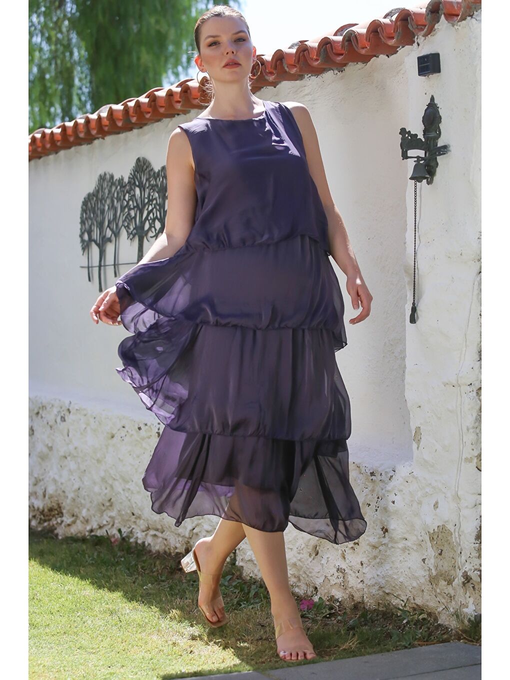 İtalyan Mor Havuz Yaka Kolsuz Astarlı Katlı Casual İpek Dokuma Elbise 125 55-5