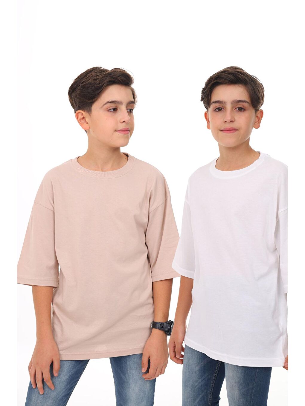 Bej - Beyaz Düz Bisiklet Yaka 2'li Erkek Tişört 18047