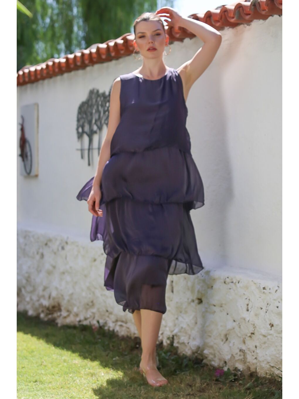 İtalyan Mor Havuz Yaka Kolsuz Astarlı Katlı Casual İpek Dokuma Elbise 125 55-6