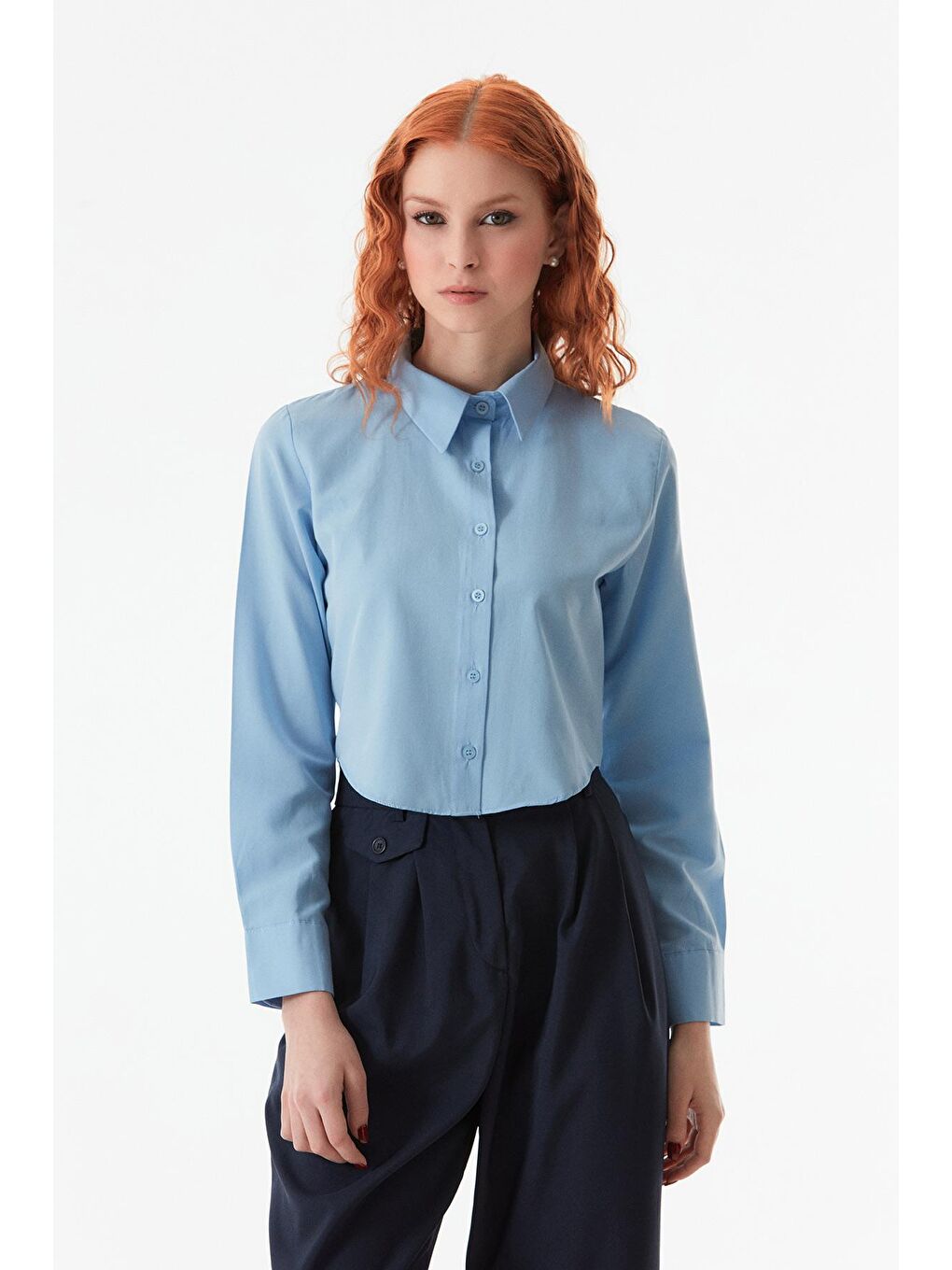 Mavi Basic Uzun Kollu Crop Gömlek-3