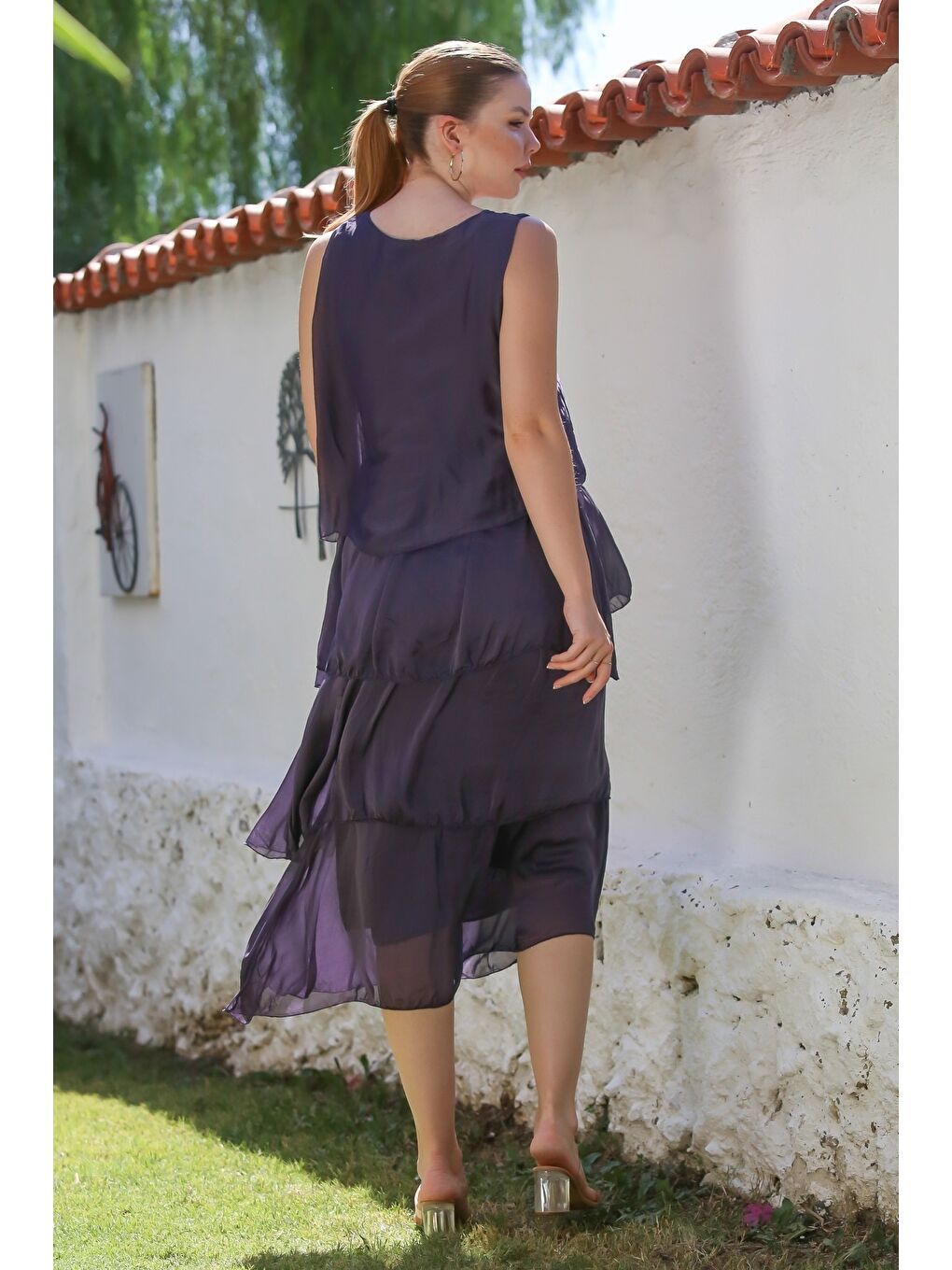 İtalyan Mor Havuz Yaka Kolsuz Astarlı Katlı Casual İpek Dokuma Elbise 125 55-7