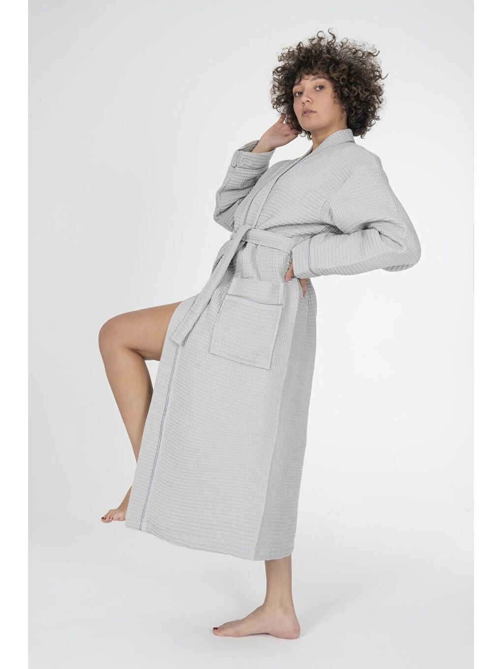 Gri Kaos Serisi Kimono Yaka Pike Bornoz Sabahlık-2