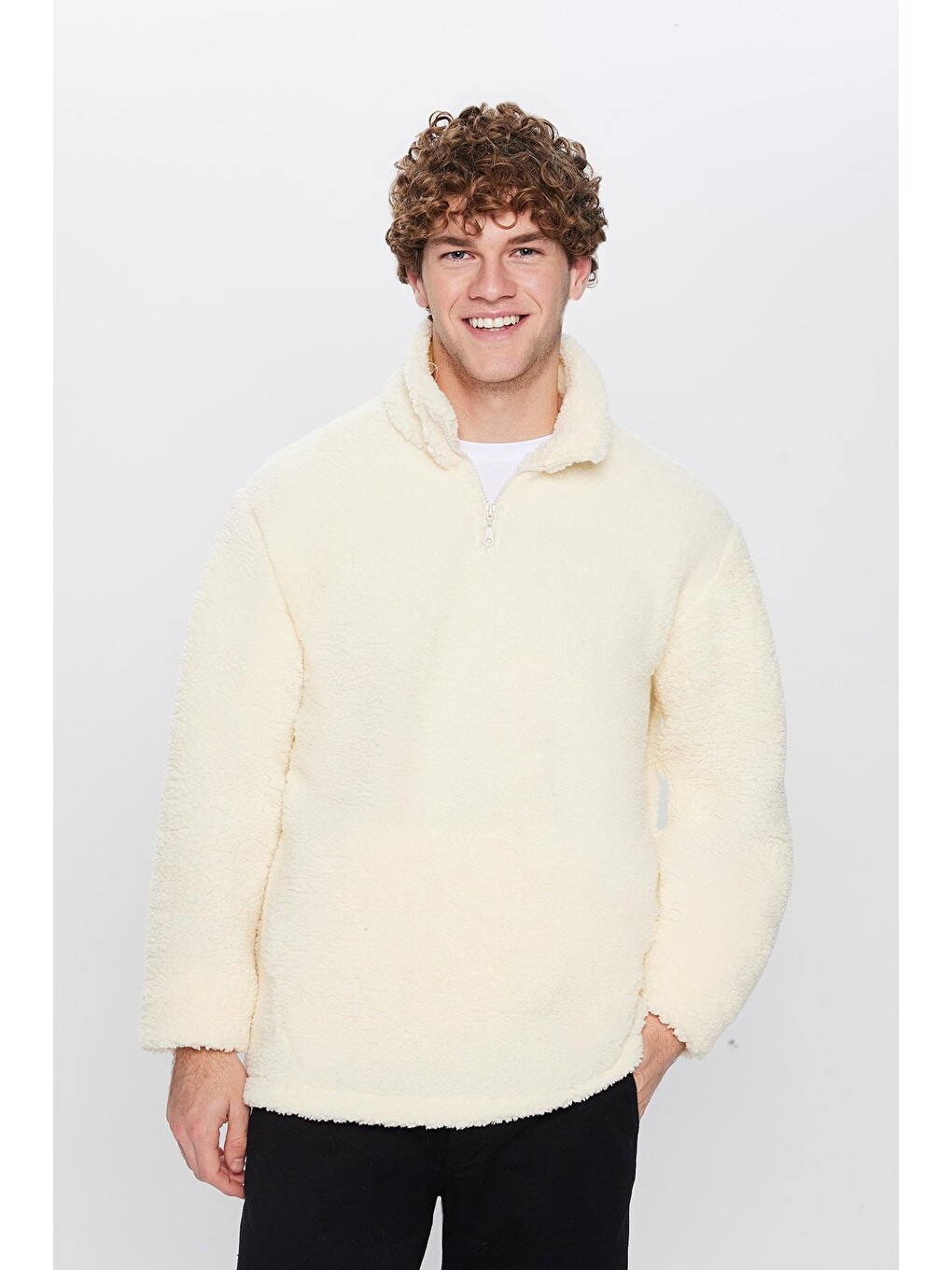 Unisex Relax Fit Rahat Kesim Yarım Fermuarlı Kanguru Cepli Ekru Dik Yaka Pelüş Sweatshirt-1
