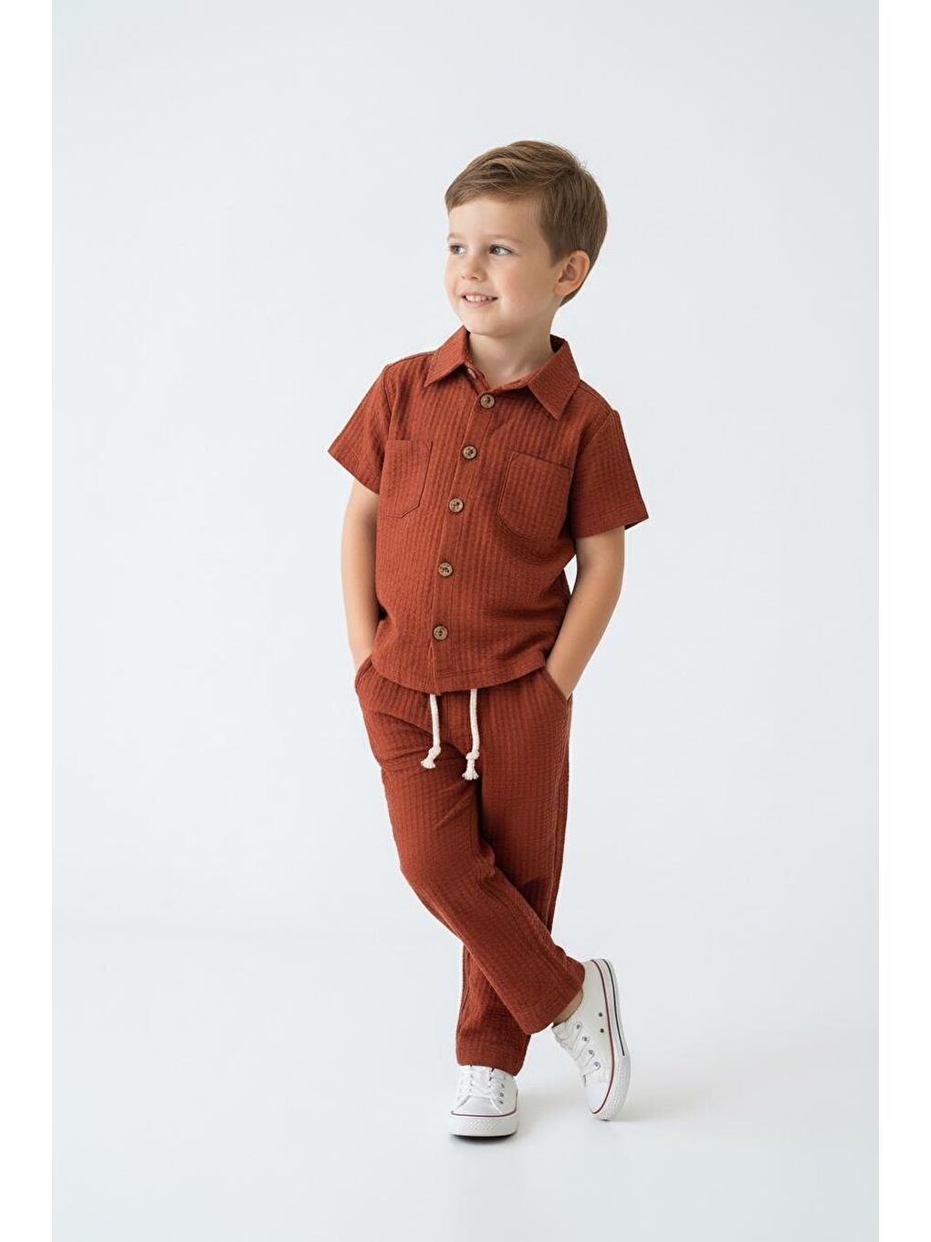Kahverengi Gofreli Yazlık Gömlek 2li Takım