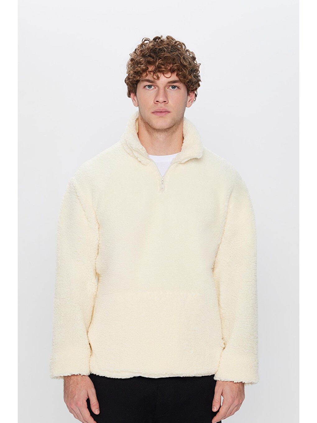 Unisex Relax Fit Rahat Kesim Yarım Fermuarlı Kanguru Cepli Ekru Dik Yaka Pelüş Sweatshirt-3