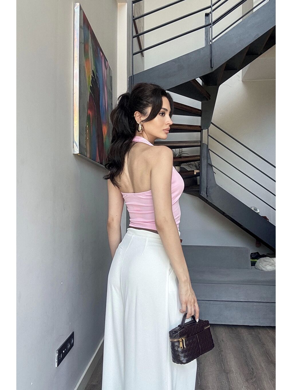 Kadın Pembe Halter Yaka Crop 0171-4