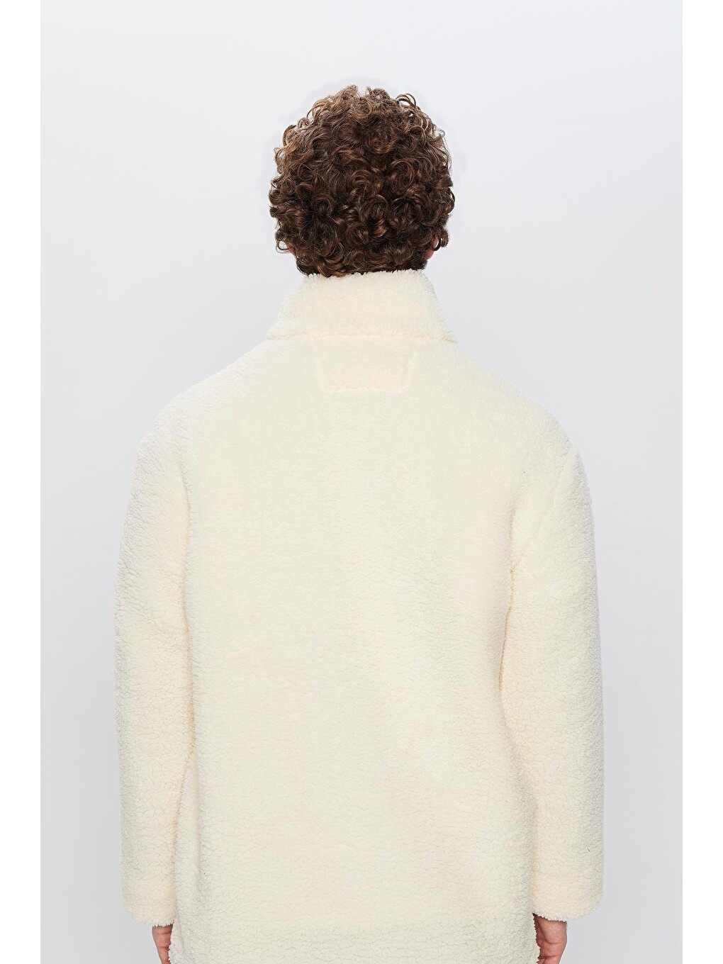 Unisex Relax Fit Rahat Kesim Yarım Fermuarlı Kanguru Cepli Ekru Dik Yaka Pelüş Sweatshirt-4